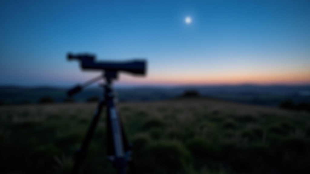 Telescope set up in an open field at dusk with a clear night sky beginning to appear
