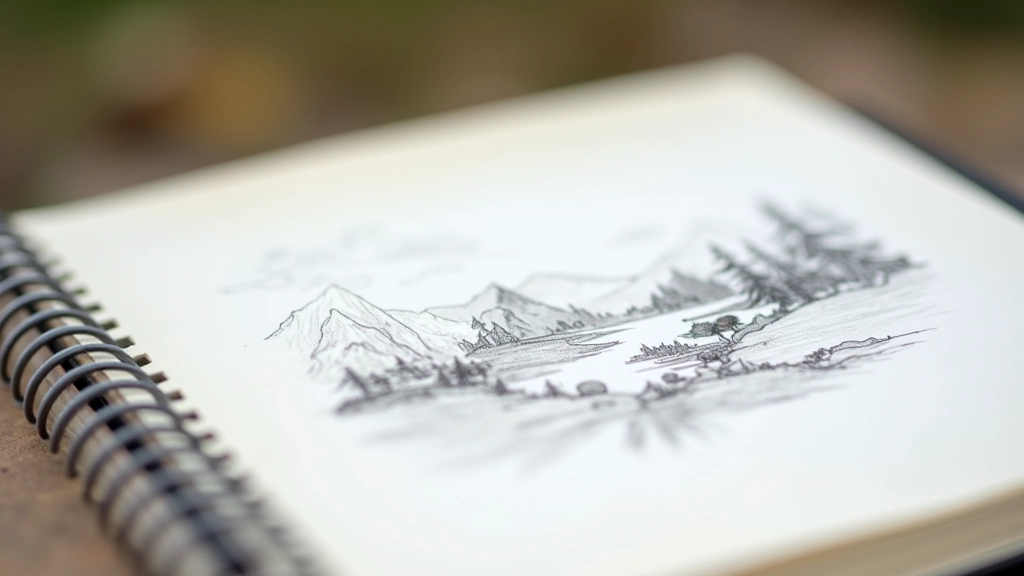 Detailed close-up of sketched landscape with various mark-making techniques and shading methods visible