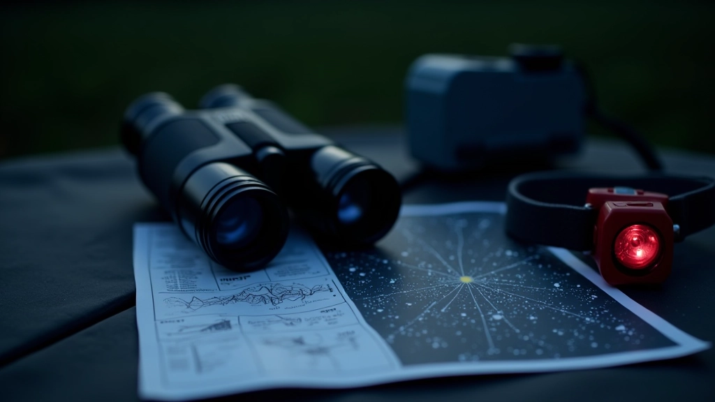 Close-up of binoculars and star chart laid out on a dark surface with a red headlamp beside them, astronomy equipment arranged neatly