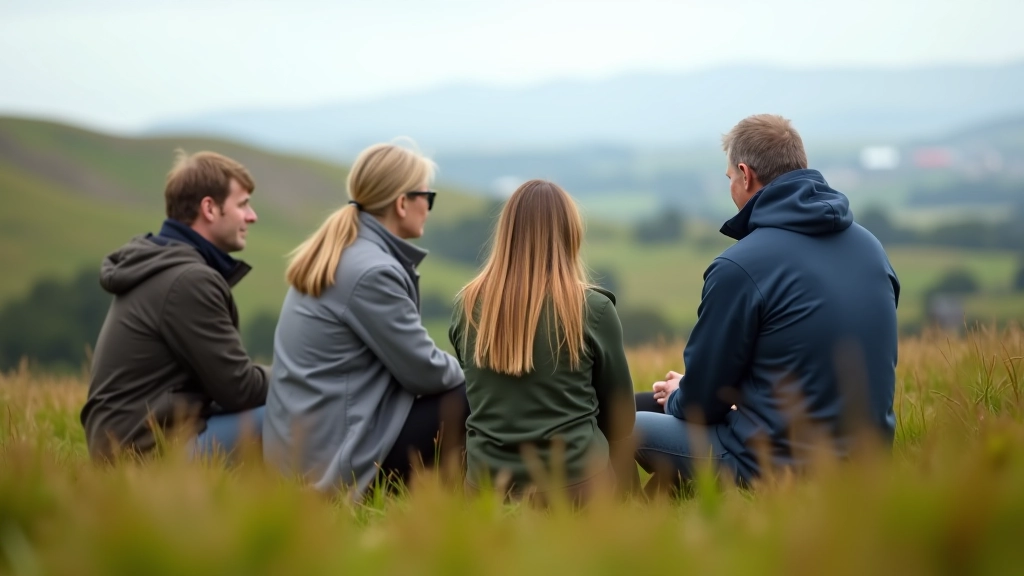 Adults enjoying outdoor activity in Irish countryside, relaxing together on grassy area