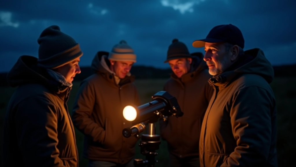 Several people gathered around a telescope outdoors at night, looking at equipment and discussing, warm lighting from portable lamps illuminating their faces