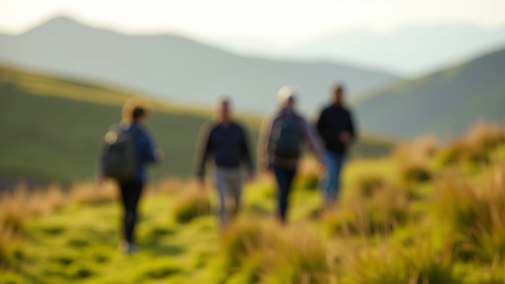 Group of adults hiking on a green hillside trail with mountains visible in the distance
