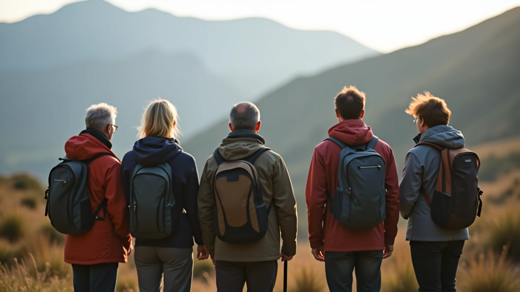 Group of hikers standing together at a scenic overlook, looking out over rolling green hills and valleys in Ireland