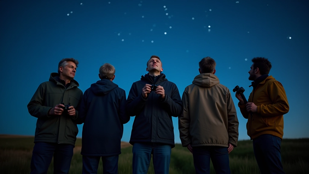 Group of five adults aged 40-65 standing outdoors at night looking upward at the sky, some holding binoculars, clear starry background above
