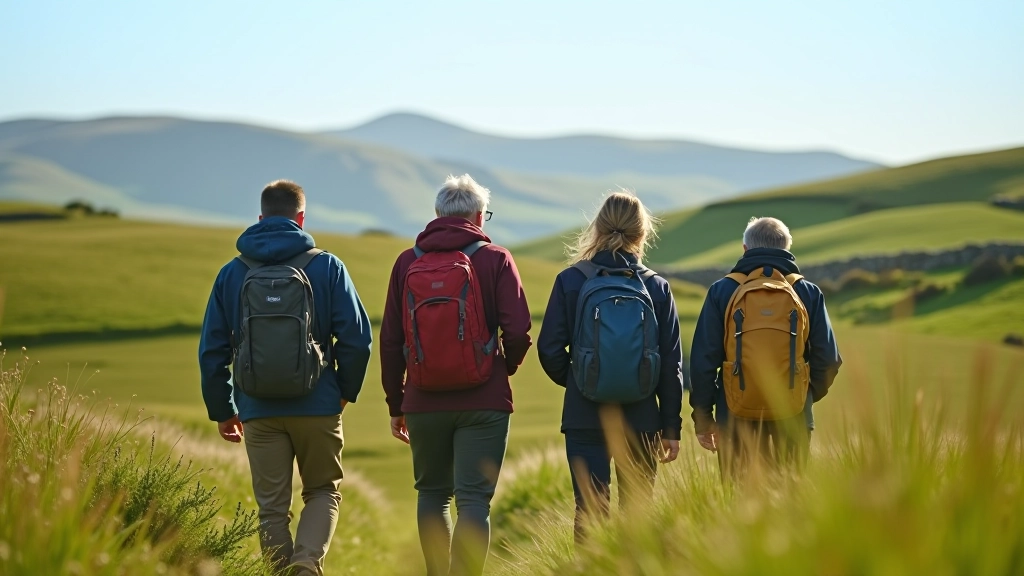 Adults hiking together in beautiful Irish countryside with rolling hills