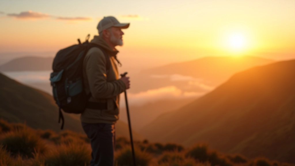 Solo hiker standing on hilltop at sunrise, wearing backpack, looking out over misty valleys and green landscape