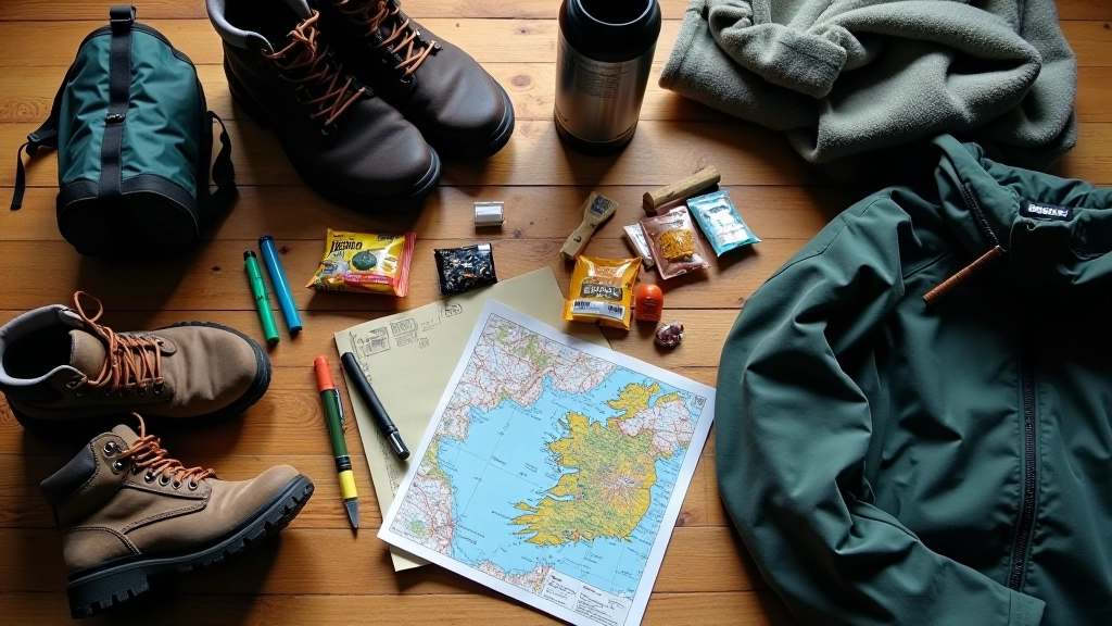 Hiking backpack and equipment laid out on wooden surface, including boots, water bottle, map, and jacket, organized neatly