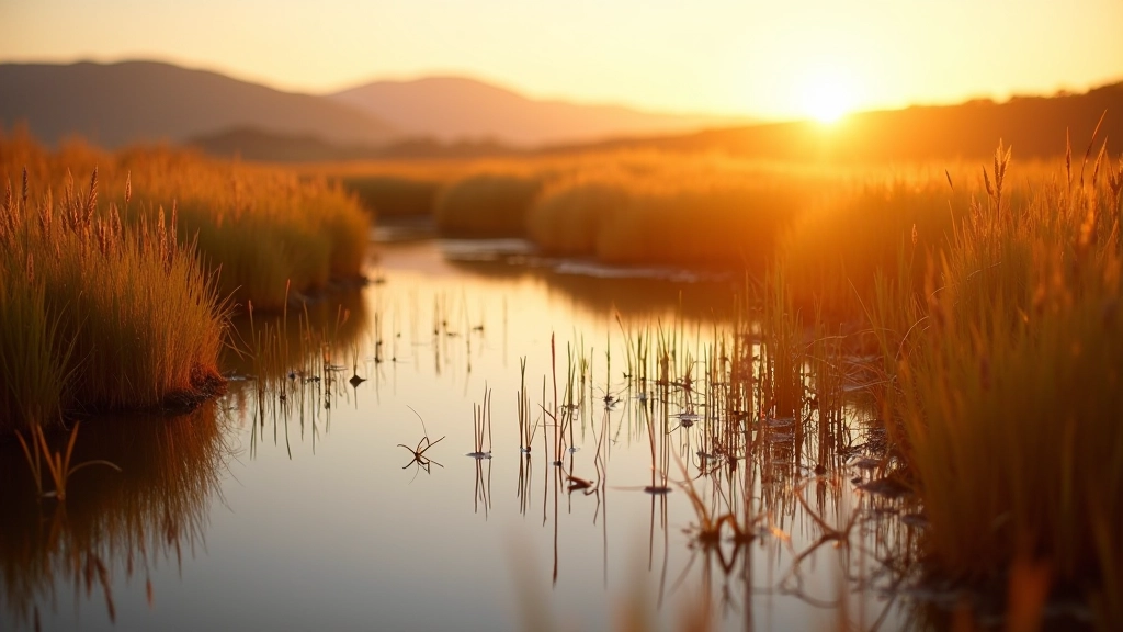 Scenic Irish wetland landscape with golden reeds reflecting in still water at sunset