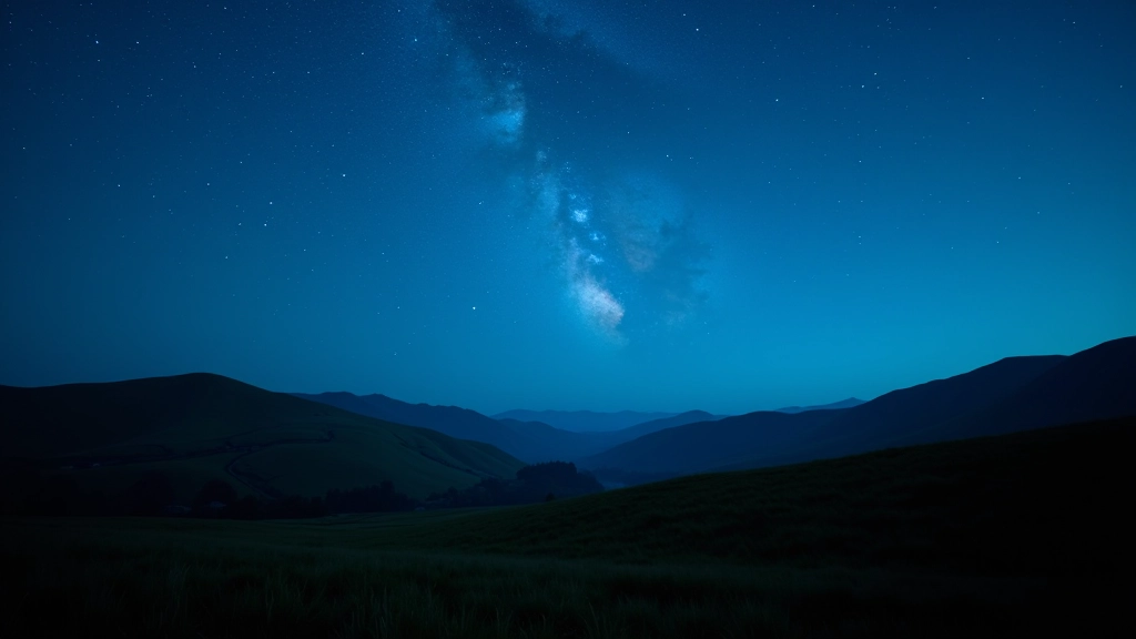 Nighttime landscape showing a clear starry sky above rolling Irish hills with minimal light pollution, the Milky Way visible across the sky
