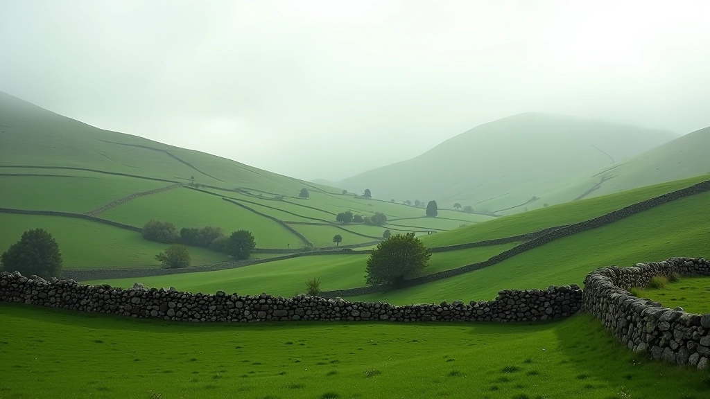Rolling green hills with stone walls and scattered trees in misty Irish countryside landscape