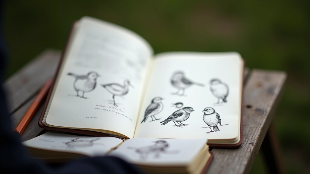 Field notebook with sketched bird illustrations and handwritten observations in natural light