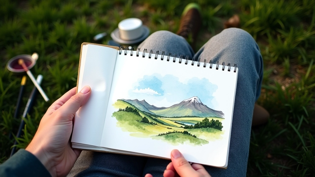 Open sketchbook with watercolor landscape painting beside art supplies and brushes in natural outdoor light