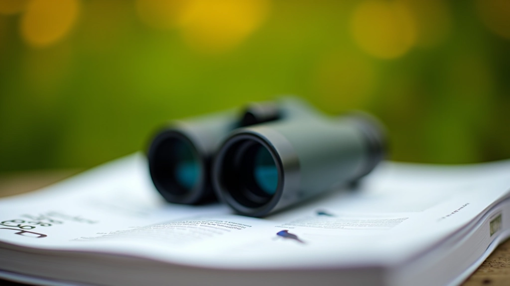 Close-up view of quality binoculars resting on a nature field guide book outdoors