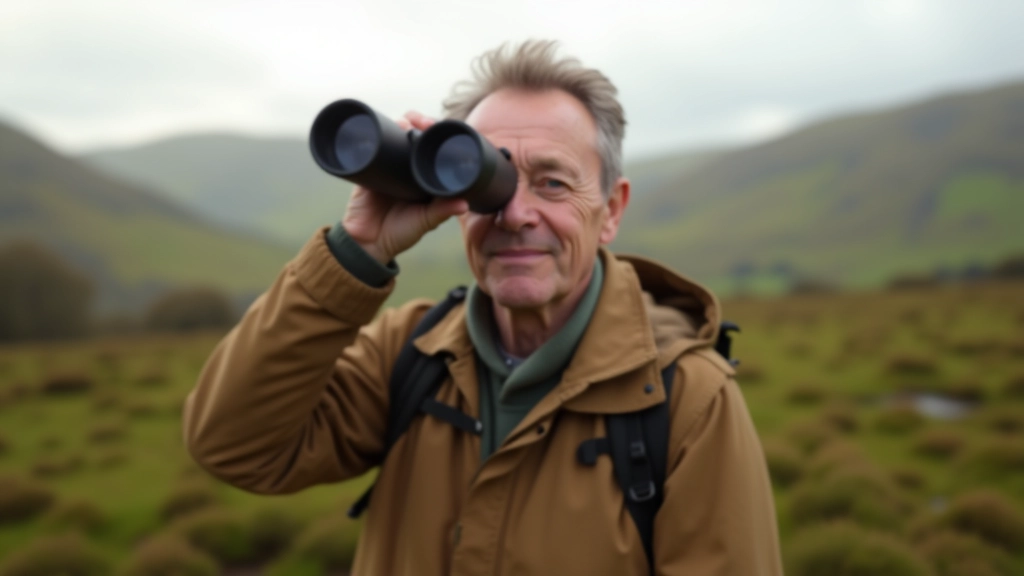 Experienced birdwatcher observing wildlife with binoculars in natural Irish countryside setting