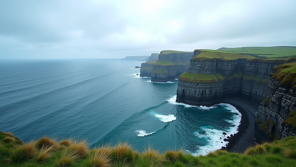 Dramatic rocky coastal cliffs overlooking Atlantic Ocean with waves crashing below