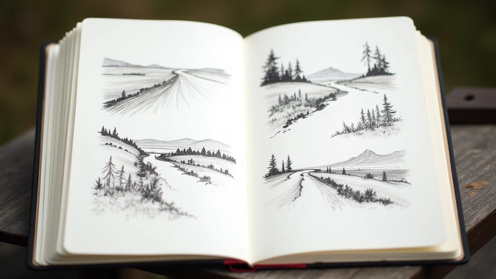 Series of landscape sketches showing progression from simple line drawings to detailed finished studies with shading
