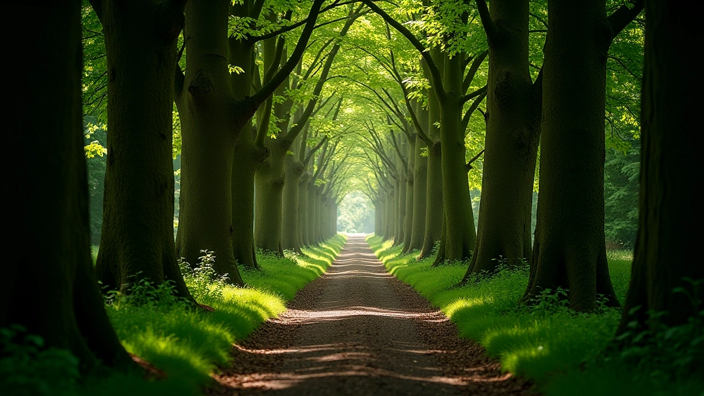 Woodland path lined with ancient oak and beech trees creating natural tunnel with dappled sunlight