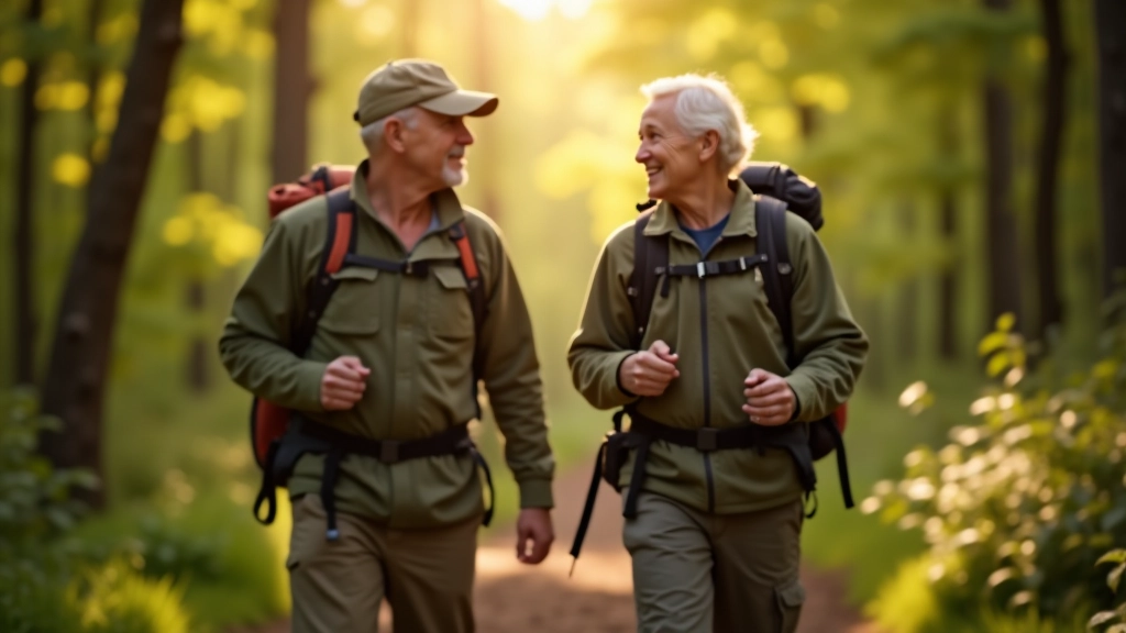 Two middle-aged hikers walking side by side on a forest trail, smiling and conversing, dappled sunlight filtering through trees