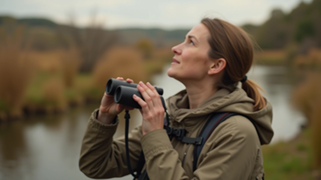 Person with binoculars and field guide notebook observing birds in a natural wetland setting