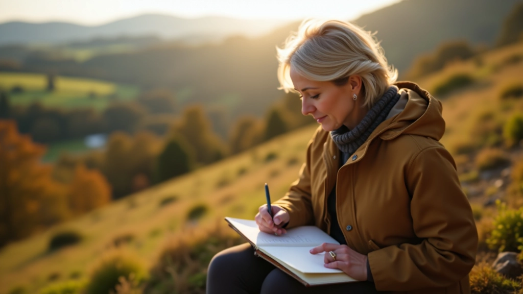 Artist sketching landscape in natural outdoor setting with sketchbook and pencils on lap